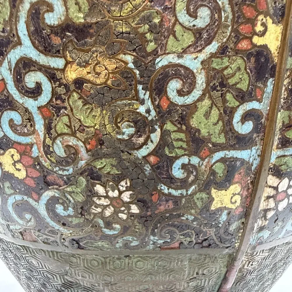17.5” Antique Japanese Bronze Champleve Cloisonné Enamel Vase Dragon Handles ⬇️